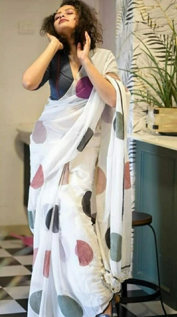 White cotton chanderi original digital printed work saree