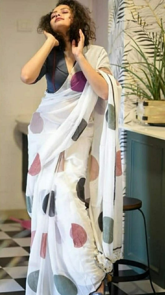 White cotton chanderi original digital printed work saree