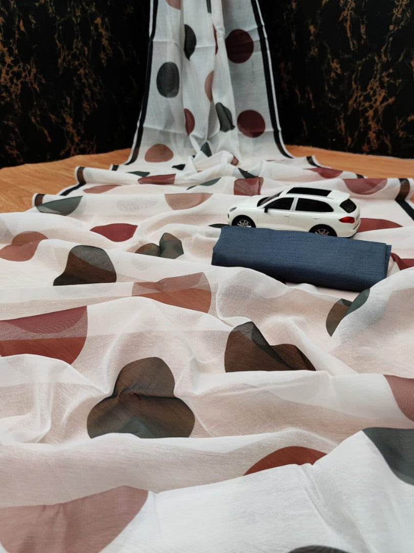 White cotton chanderi original digital printed work saree