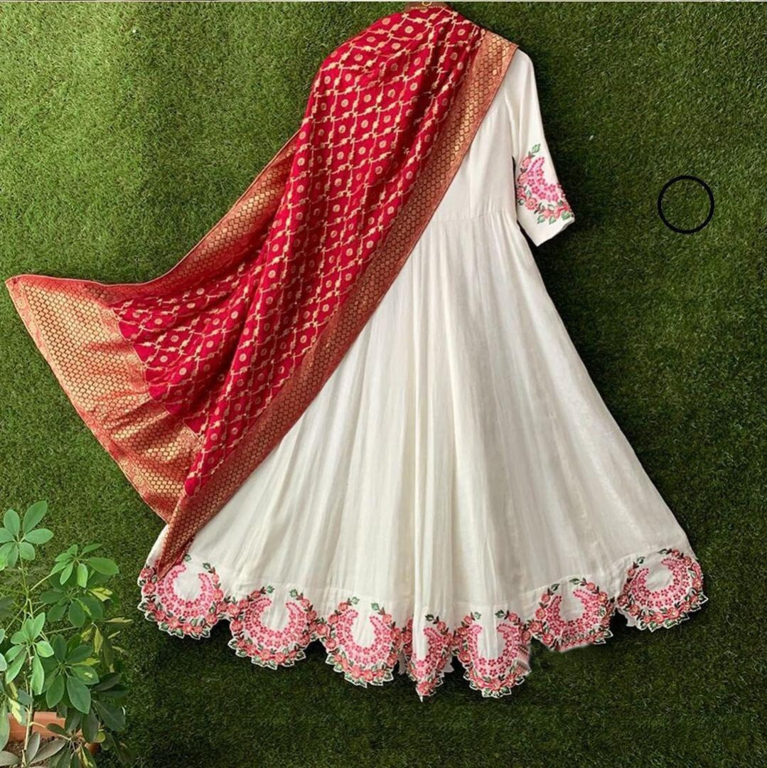 White cotton embroidered anarkali gown with silk dupatta