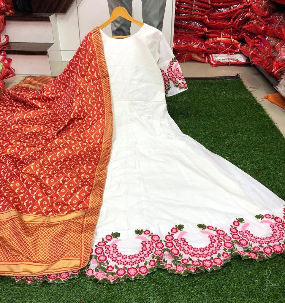 White cotton embroidered anarkali gown with silk dupatta