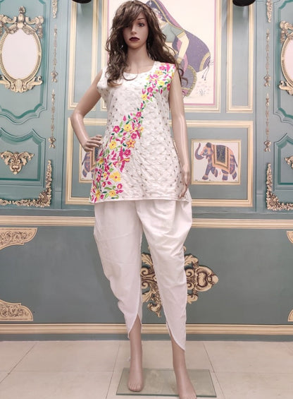 White cotton embroidered dhoti suit
