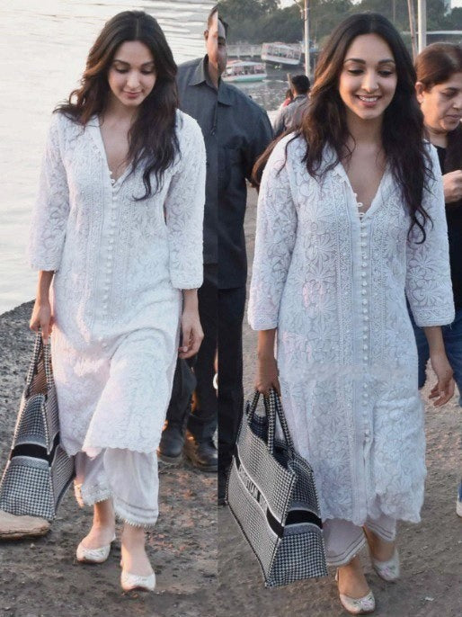 White cotton embroidered kurti with pant