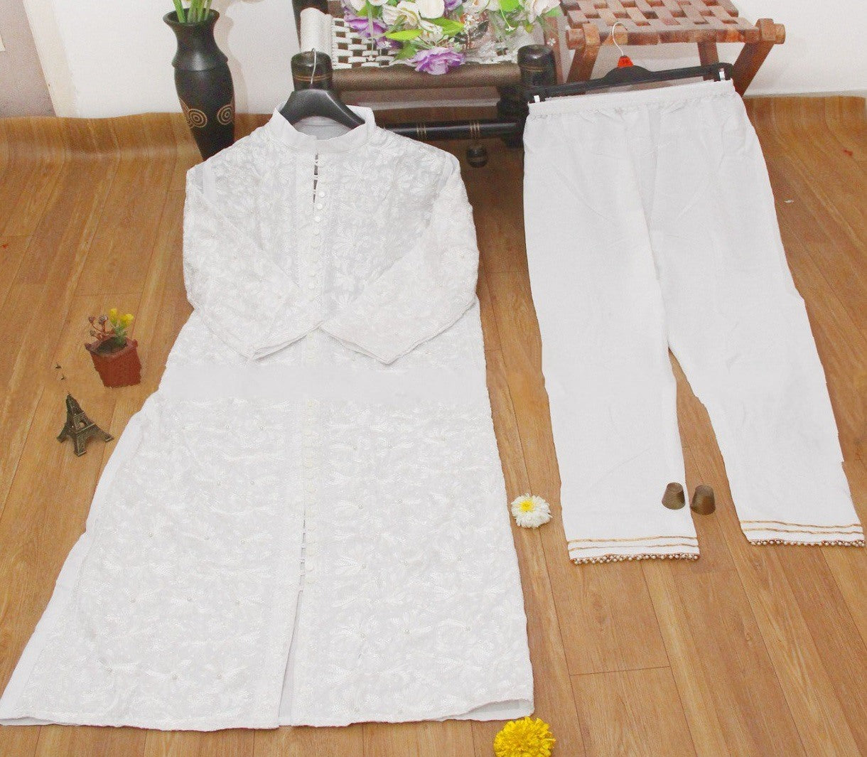 White cotton embroidered kurti with pant