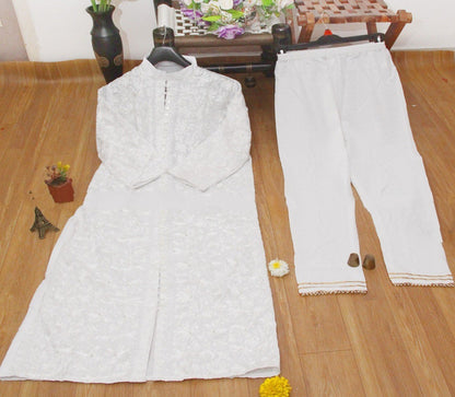 White cotton embroidered kurti with pant