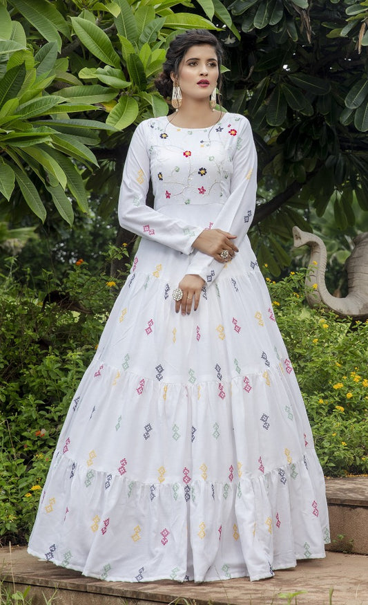White cotton embroidered sequence party wear anarkali gown