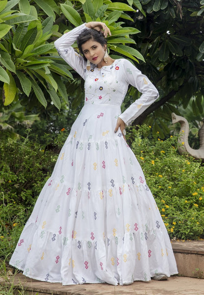 White cotton embroidered sequence party wear anarkali gown