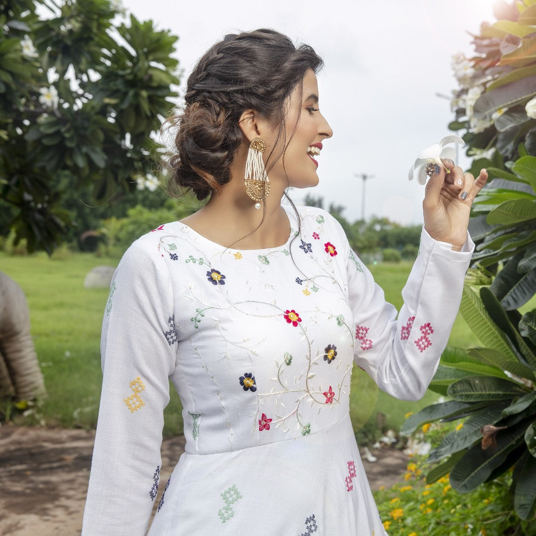 White cotton embroidered sequence party wear anarkali gown