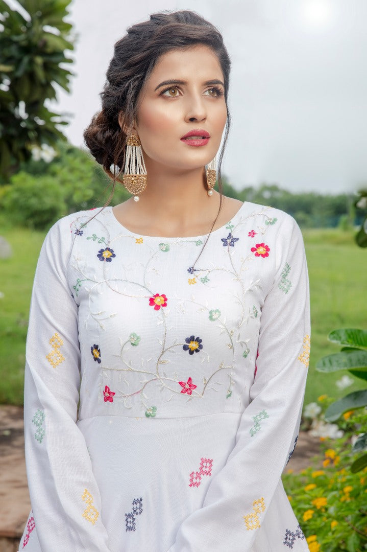 White cotton embroidered sequence party wear anarkali gown