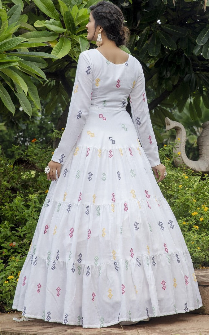 White cotton embroidered sequence party wear anarkali gown