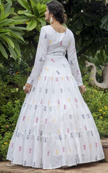 White cotton embroidered sequence party wear anarkali gown