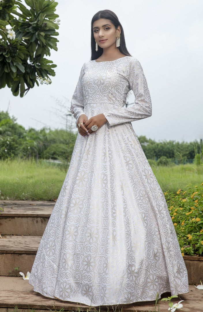 White cotton foil printed party wear anarkali gown