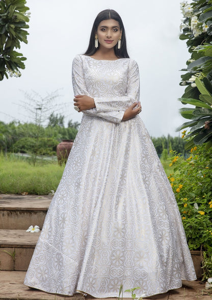 White cotton foil printed party wear anarkali gown