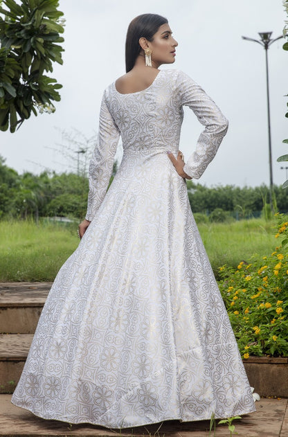 White cotton foil printed party wear anarkali gown