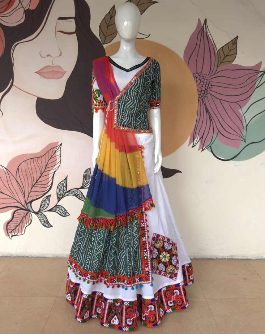 White cotton gujarati garba designer navratri lehenga chaniya choli