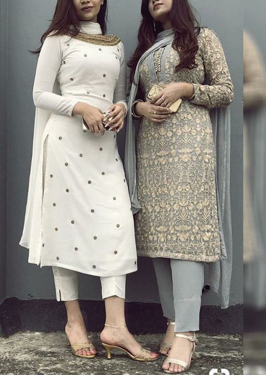 White cotton moti work dress material