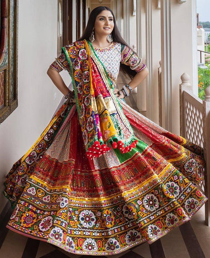White cotton print mirror work gujarati garba navratri lehenga chaniya choli