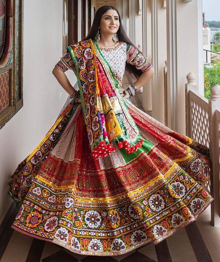 White cotton print mirror work gujarati garba navratri lehenga chaniya choli