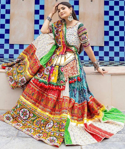 White cotton print mirror work gujarati garba navratri lehenga chaniya choli