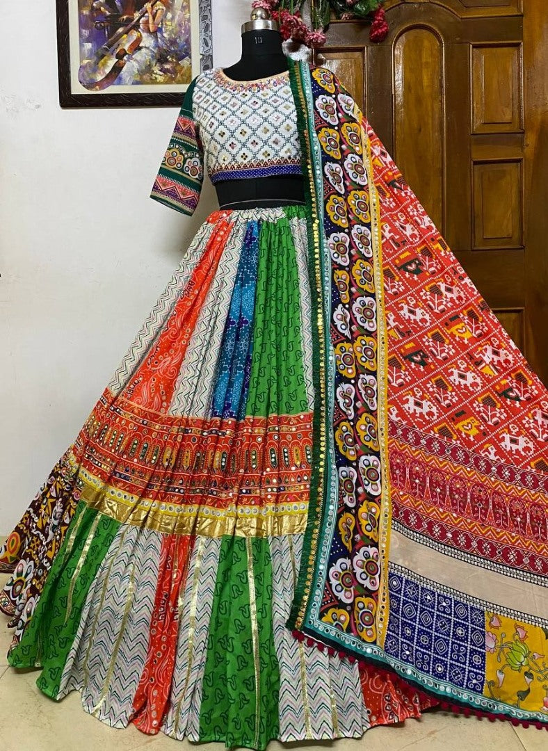 White cotton print mirror work gujarati garba navratri lehenga chaniya choli