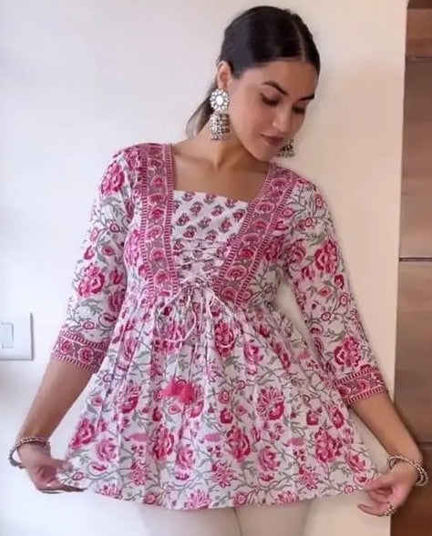White cotton printed short kurti