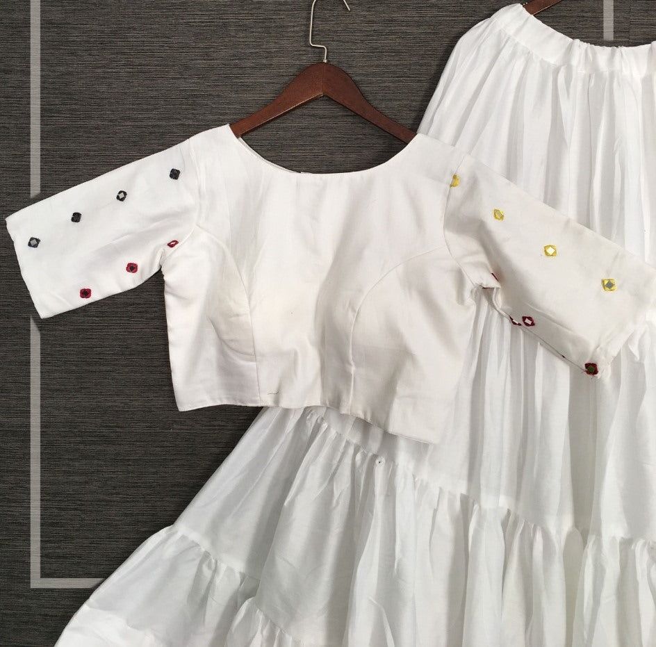 White cotton real mirror work party wear crop top