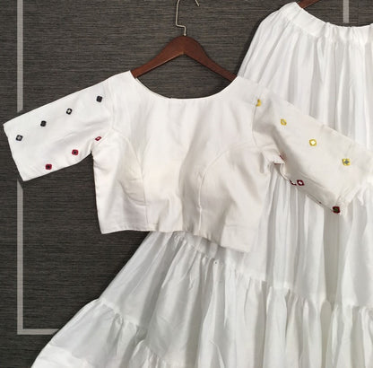 White cotton real mirror work party wear crop top