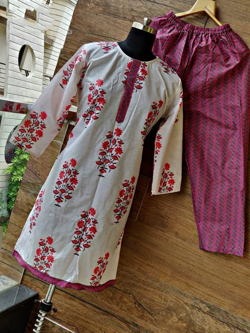 white cotton red flower printed plazzo kurti