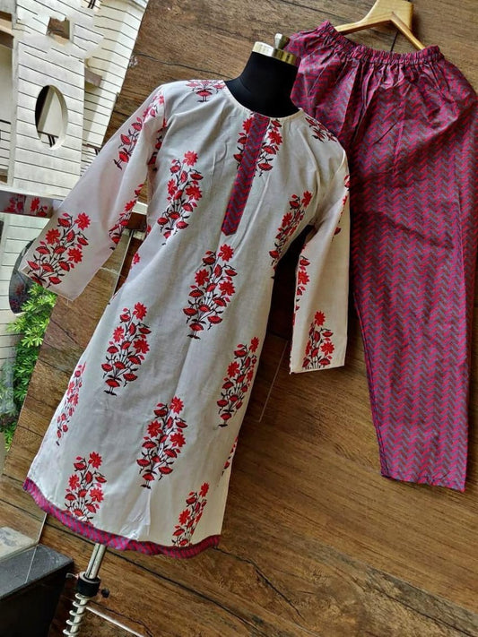 white cotton red flower printed plazzo kurti