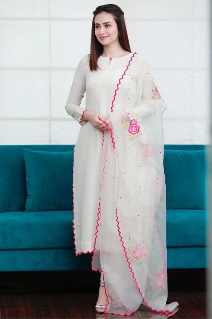 White cotton suit with embroidered dupatta