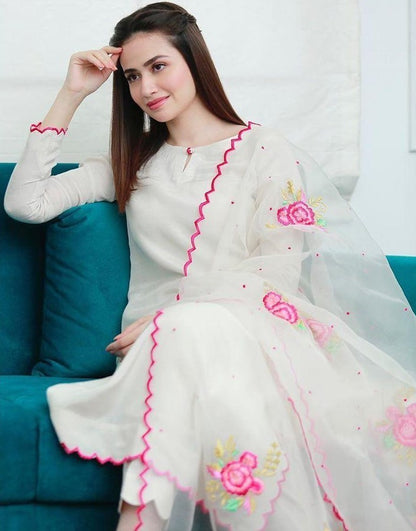White cotton suit with embroidered dupatta