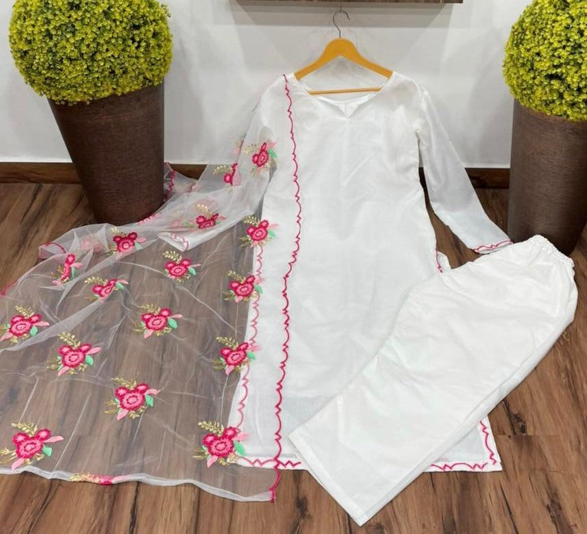 White cotton suit with embroidered dupatta