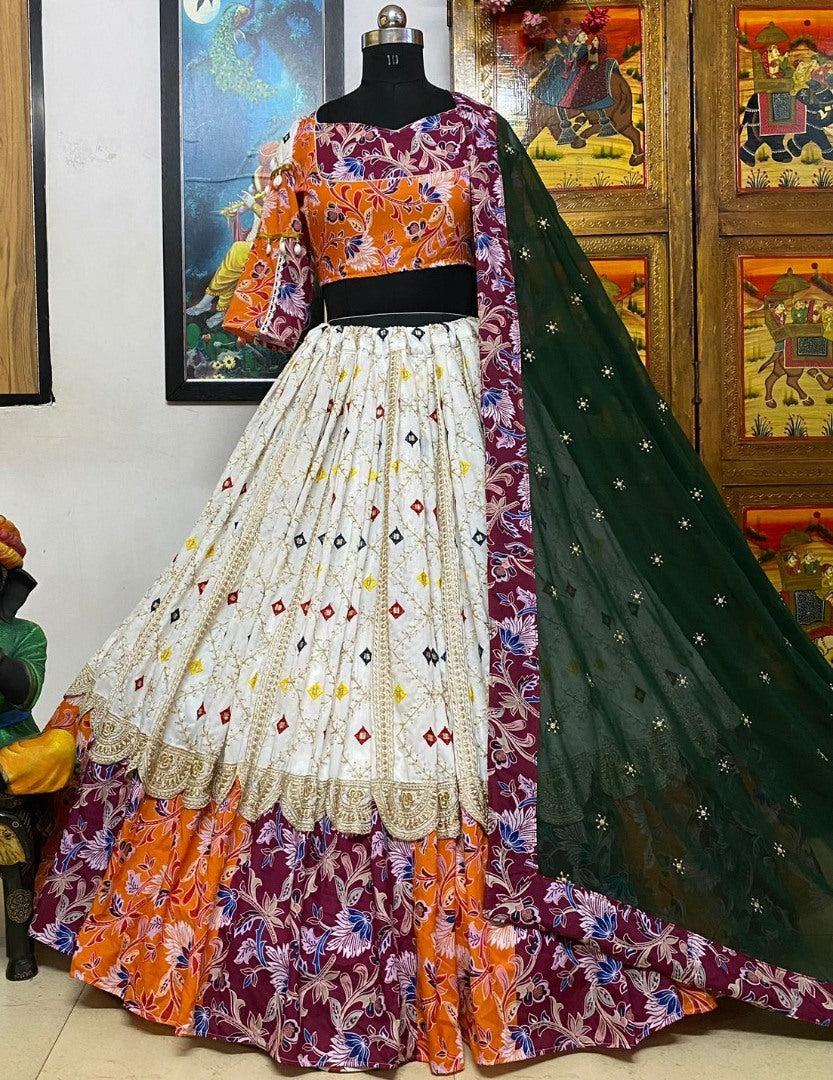 White cotton thread work gujarati garba navratri lehenga chaniya choli