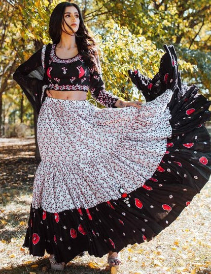 White crepe digital printed ruffle work ceremonial wear lehenga choli