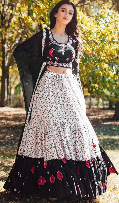 White crepe digital printed ruffle work ceremonial wear lehenga choli