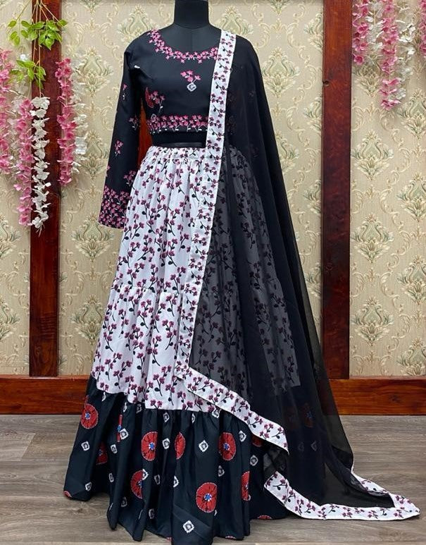 White crepe digital printed ruffle work ceremonial wear lehenga choli