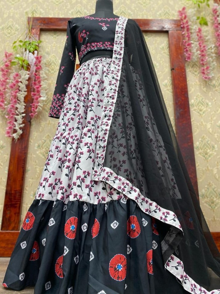 White crepe digital printed ruffle work ceremonial wear lehenga choli