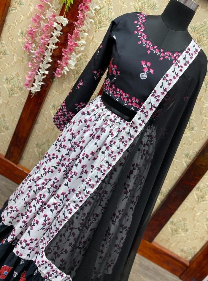 White crepe digital printed ruffle work ceremonial wear lehenga choli