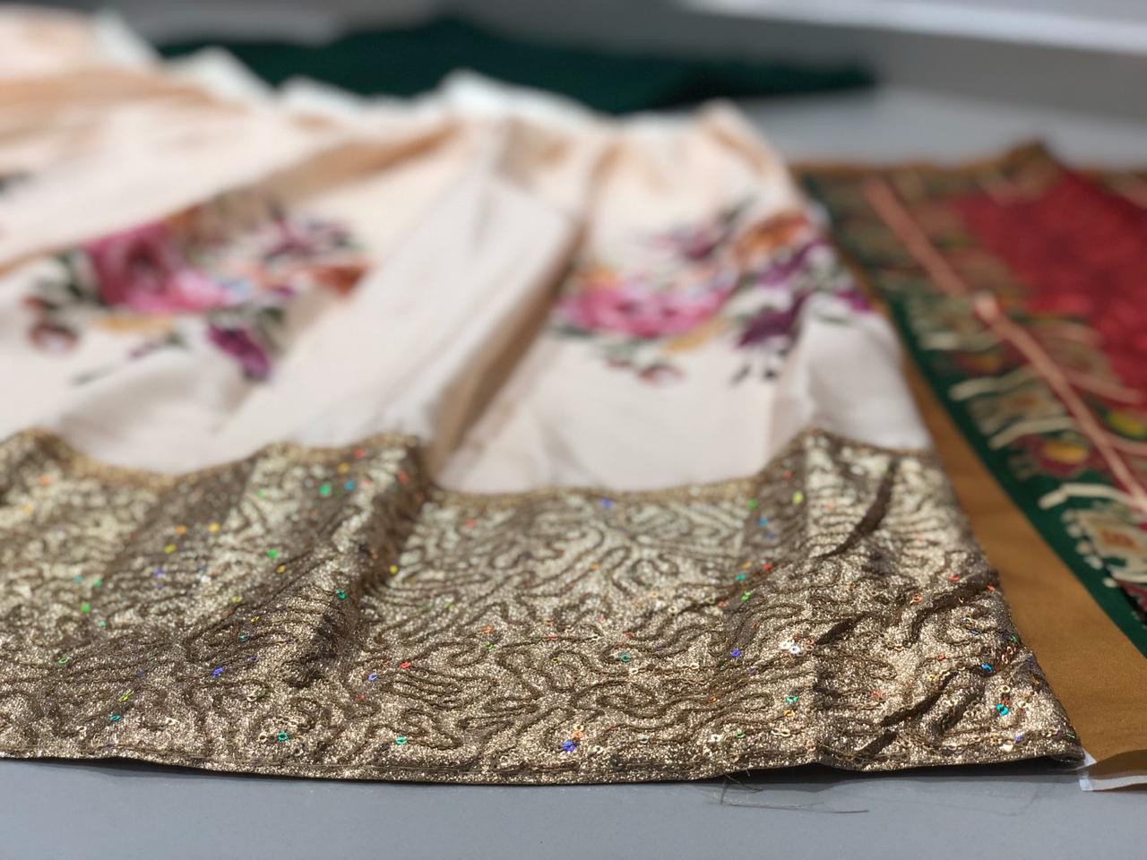 White crepe floral printed sequence border wedding lehenga choli