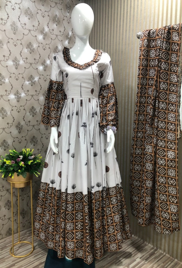 White crepe printed long anarkali suit