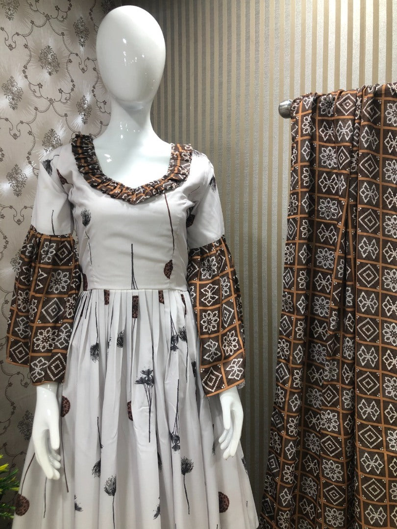 White crepe printed long anarkali suit