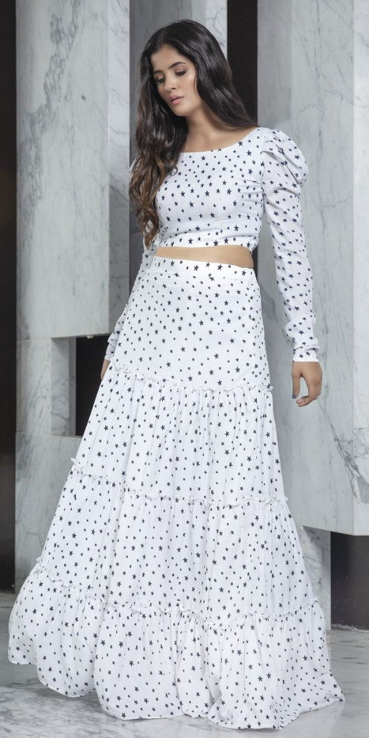 White crepe printed party wear crop top