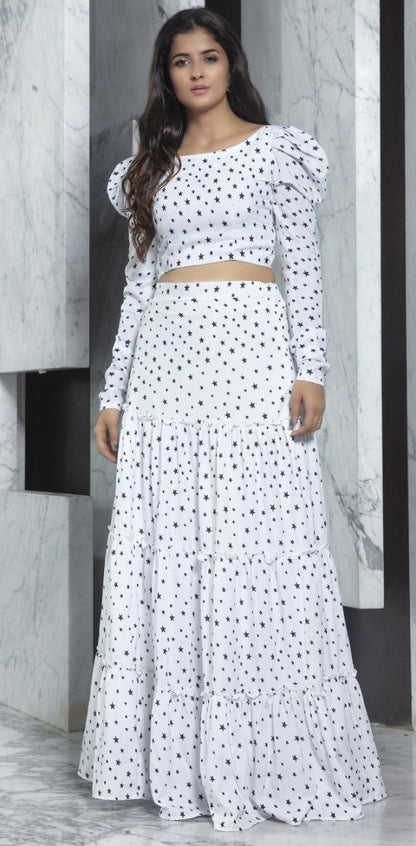 White crepe printed party wear crop top
