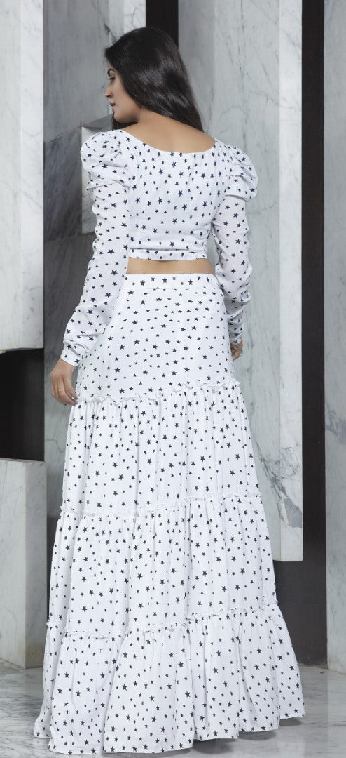 White crepe printed party wear crop top