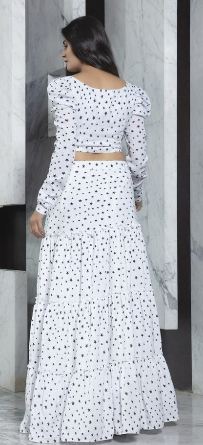 White crepe printed party wear crop top