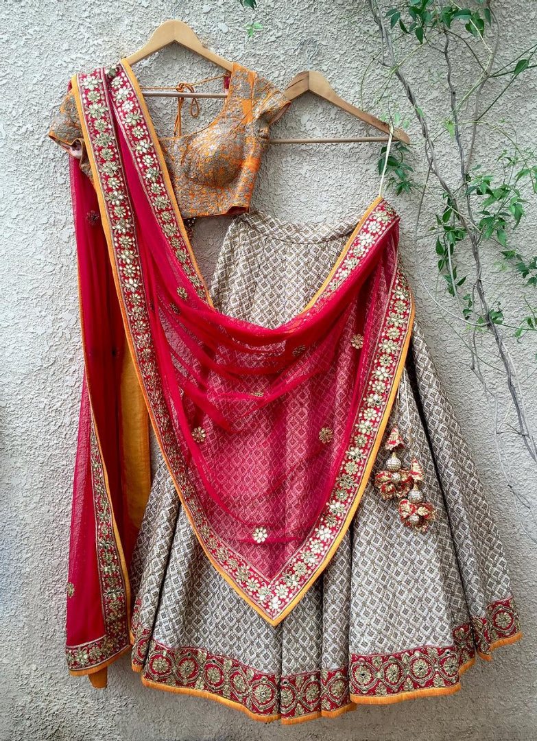 White crepe silk heavy zari and fancy dori work wedding lehenga choli