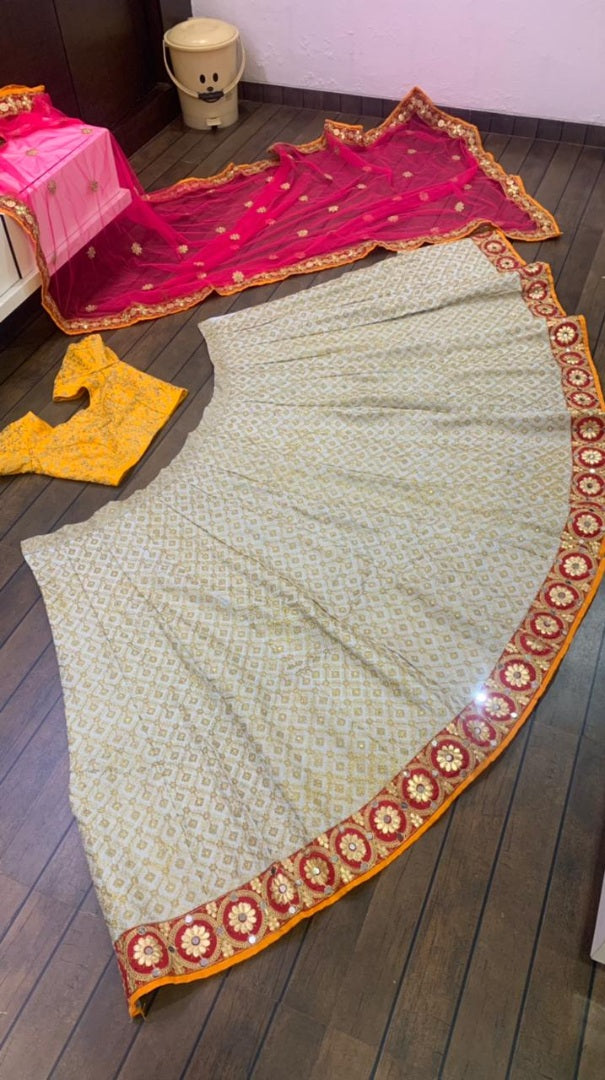 White crepe silk heavy zari and fancy dori work wedding lehenga choli