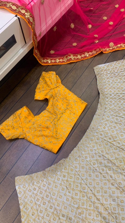 White crepe silk heavy zari and fancy dori work wedding lehenga choli