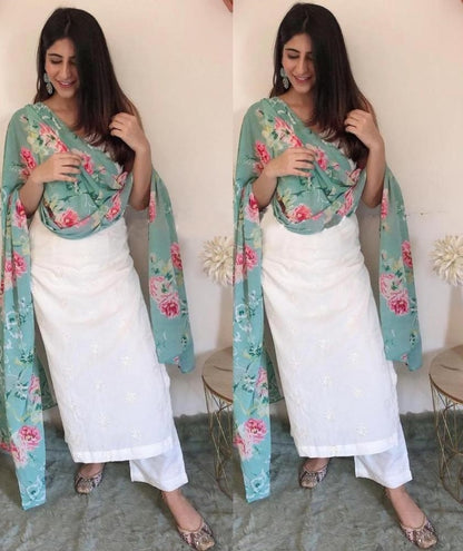 White crepe with inner thread work salwar suit