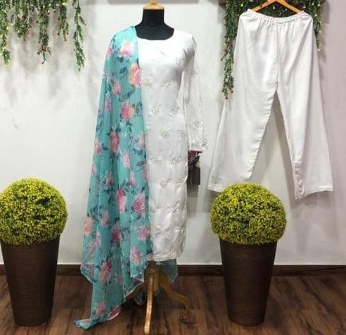 White crepe with inner thread work salwar suit